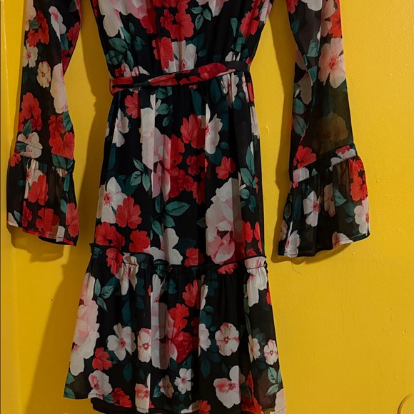 Calvin Klein Floral Long Sleeve Dress - Black and Red - Picture 7 of 8